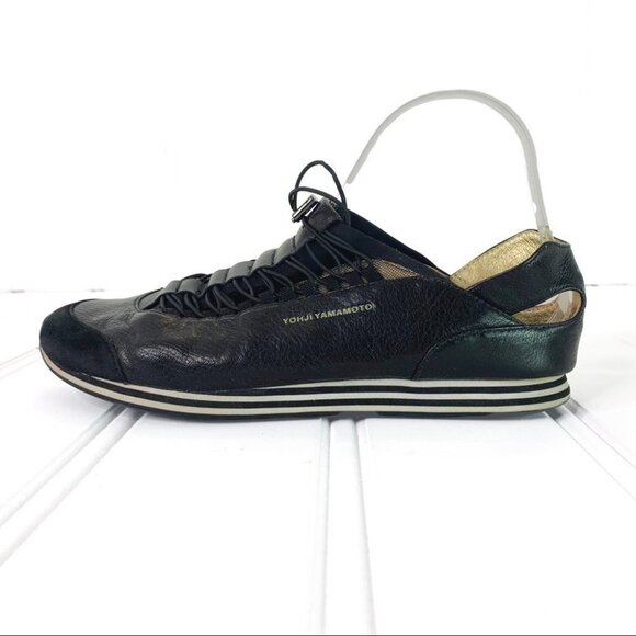 YOHJI YAMAMOTO Y-3 ADIDAS BLACK WHITE GOLD LEATHER SNEAKER ELASTIC STRIPES 6.5 - Picture 4 of 17